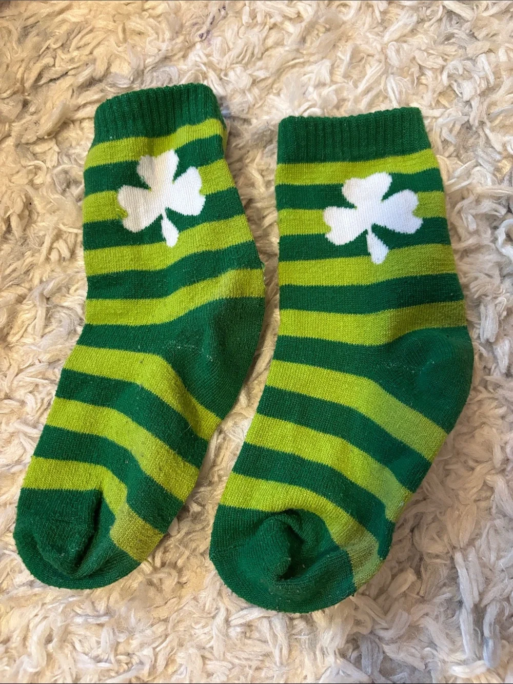 Green Striped Kids Socks with White Clover